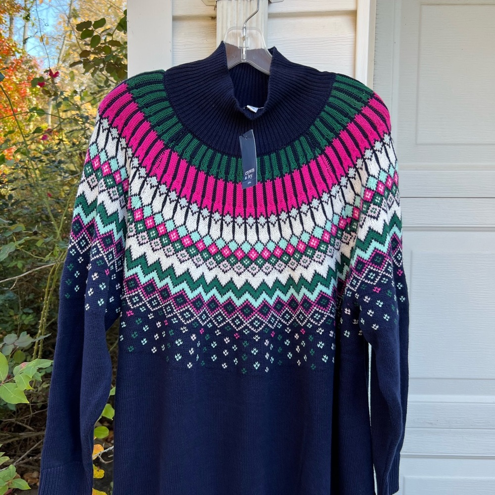 NWT Crown & Ivy Fun Navy Multi Colored Fair Isle High Neck Sweater - Picture 2 of 7